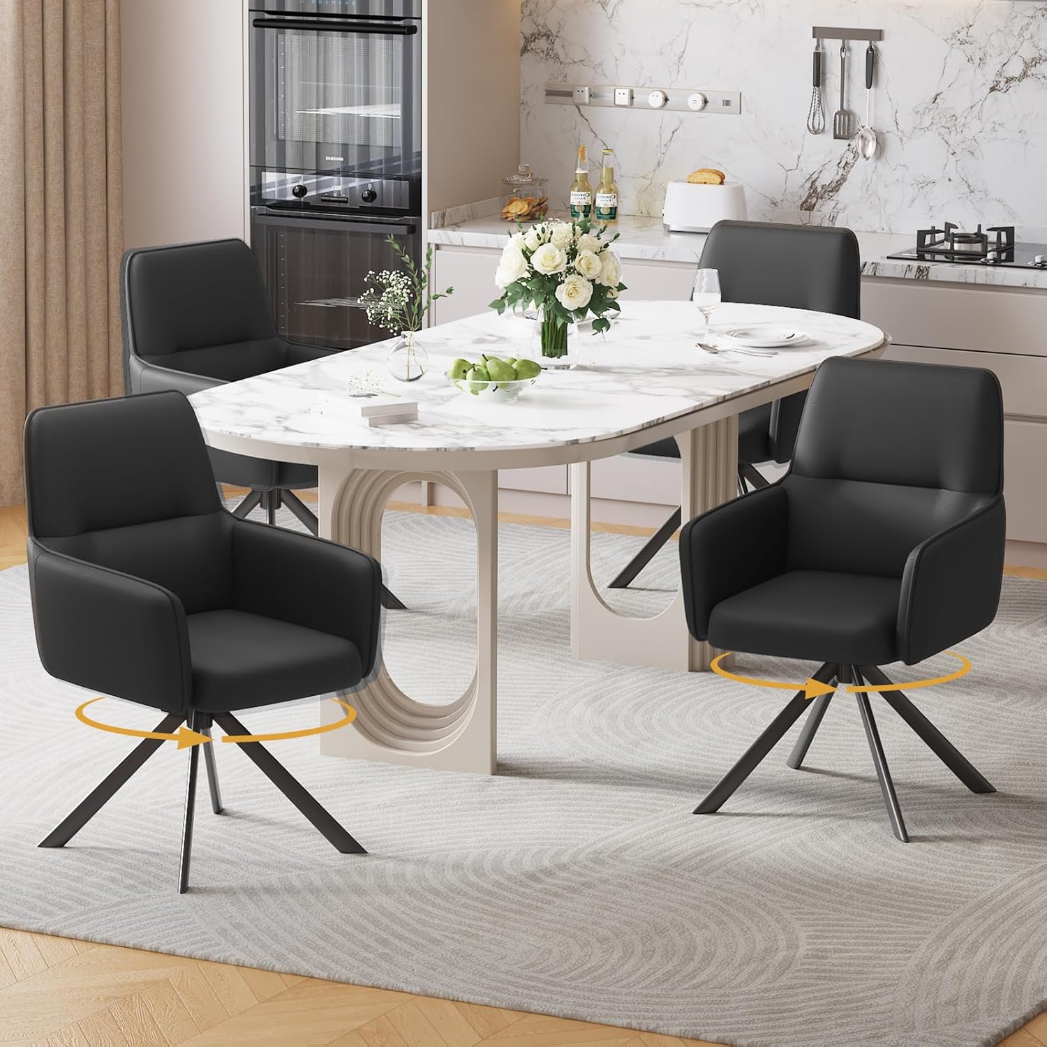 Furniliving Modern Swivel Dining Chairs Set of 2, Upholstered Dining Room Chairs with Thicken Cushion, 360°Swivel Dining Chairs with Metal Legs for Dining Room, Kitchen, Bedroom, PU, Black