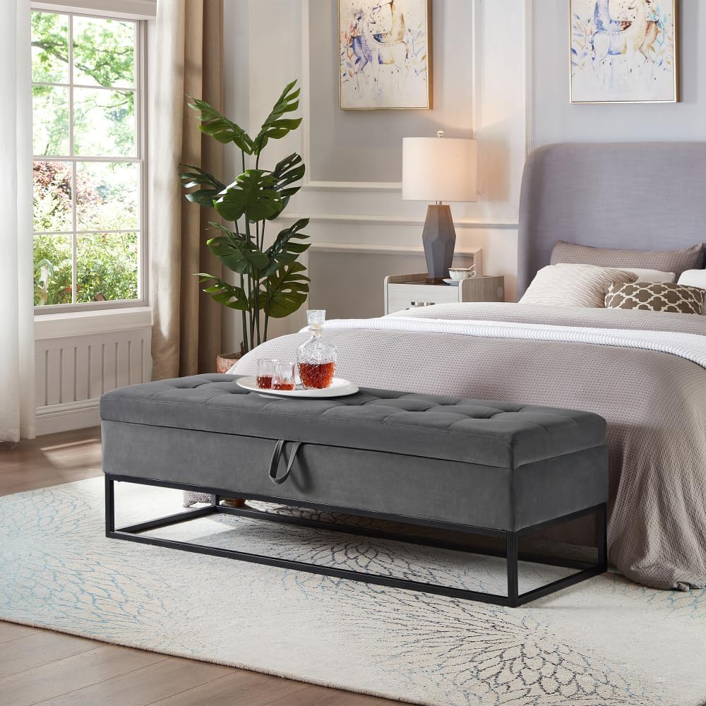 58.6" Bed Bench Metal Base with Storage Black Velvet (Foam + Grey + Velvet)