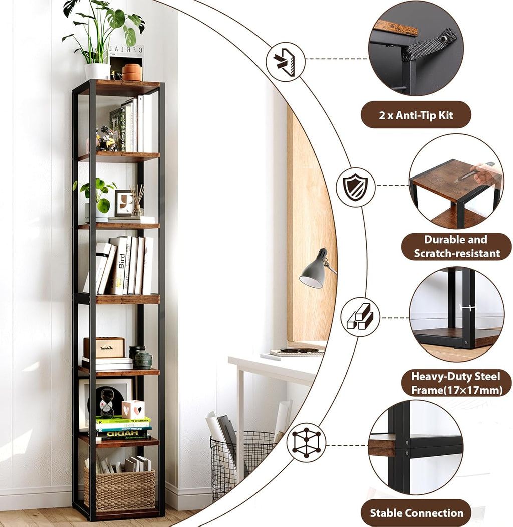 Narrow Bookshelf, 7 Tier Tall Bookshelves with Adjustable Shelves, DIY Stackable Bookshelf, Shelf Storage Organizer for Small Space, Living Room, Office, Study, Entryway, Industrial, Rustic Brown