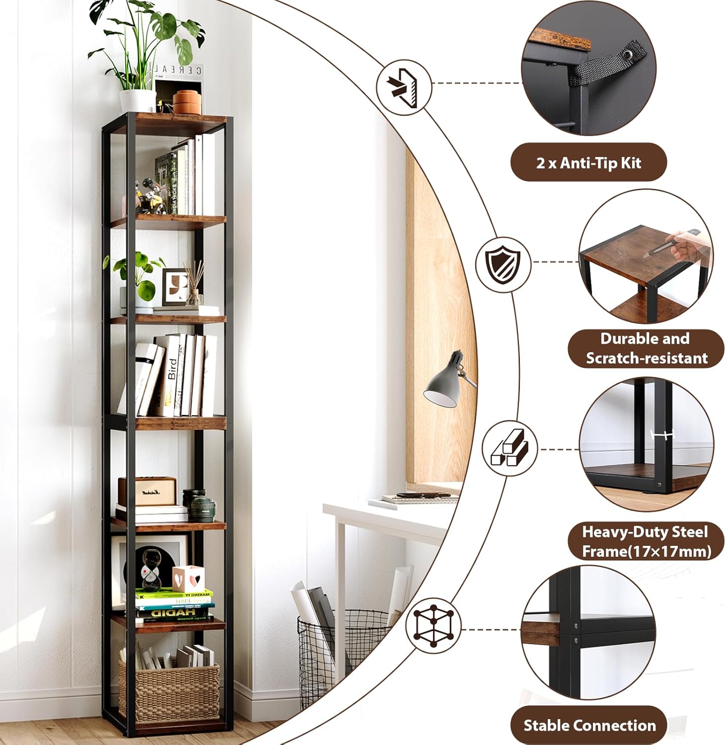 Narrow Bookshelf, 7 Tier Tall Bookshelves with Adjustable Shelves, DIY Stackable Bookshelf, Shelf Storage Organizer for Small Space, Living Room, Office, Study, Entryway, Industrial, Rustic Brown