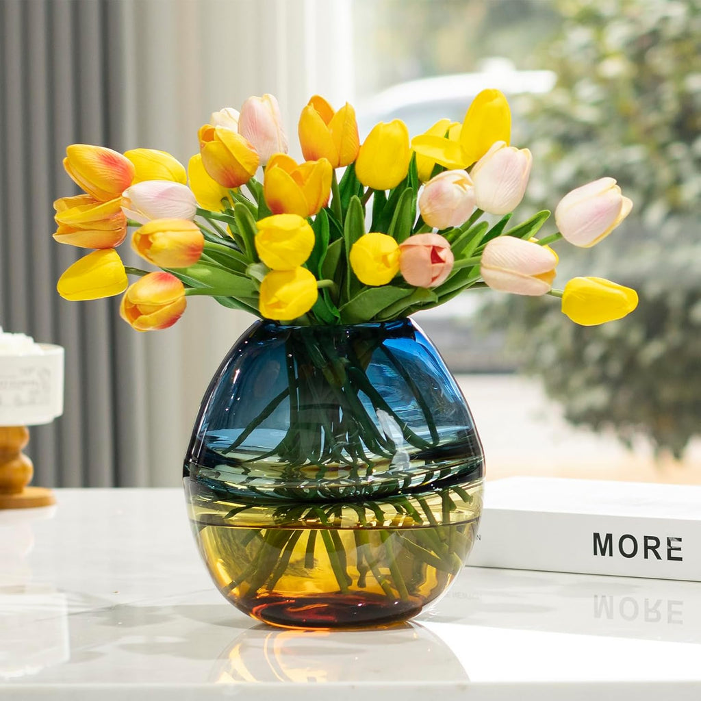 Glass Handmade Decorative Vase Ombre Centerpiece Vase with Yellow Base, Flower Vase for Home Decoration (Low vase)