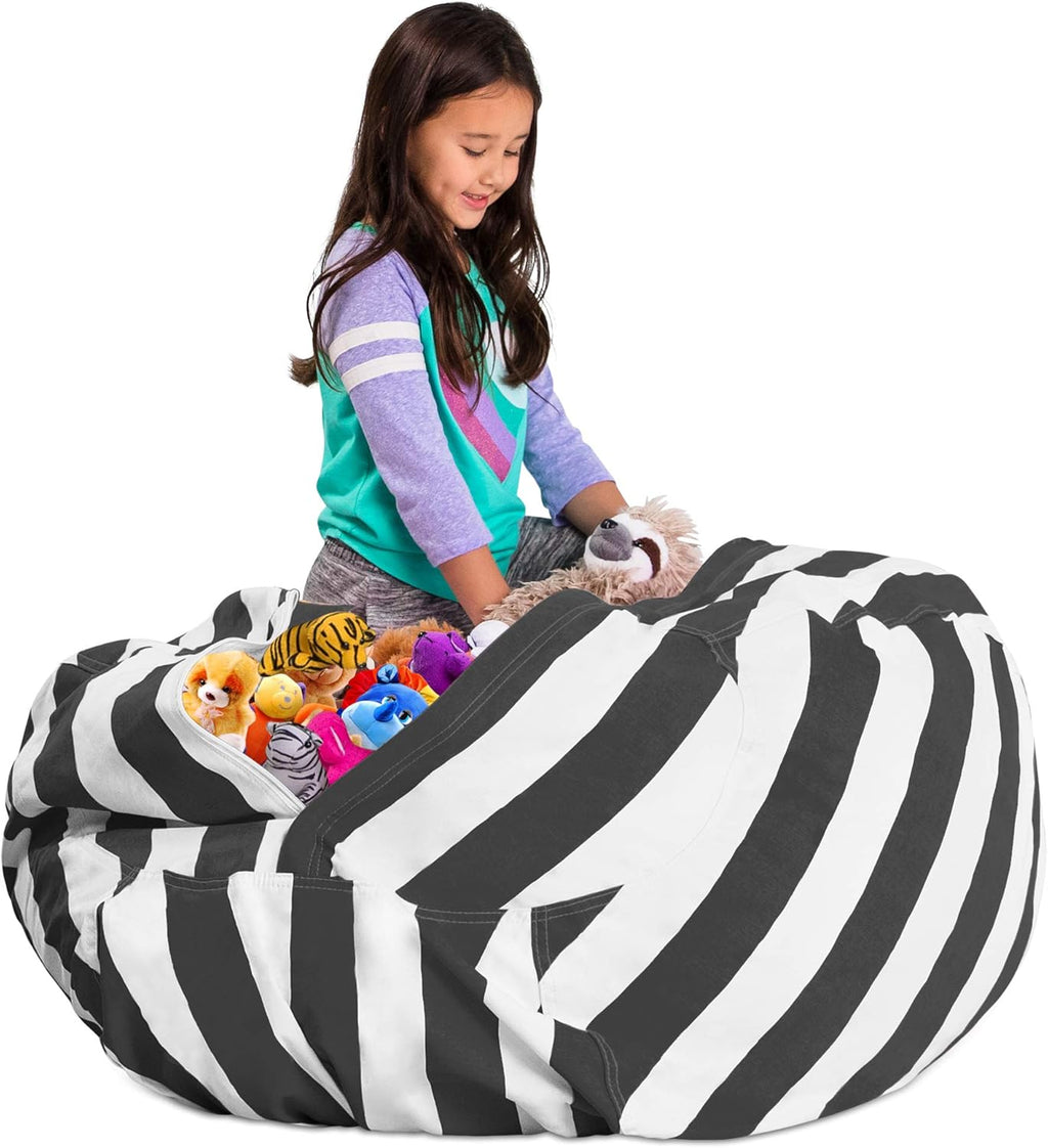 Posh Stuffable Kids Stuffed Animal Storage Bean Bag Chair Cover - Childrens Toy Organizer, X-Large 48" - Canvas Stripes Gray and White