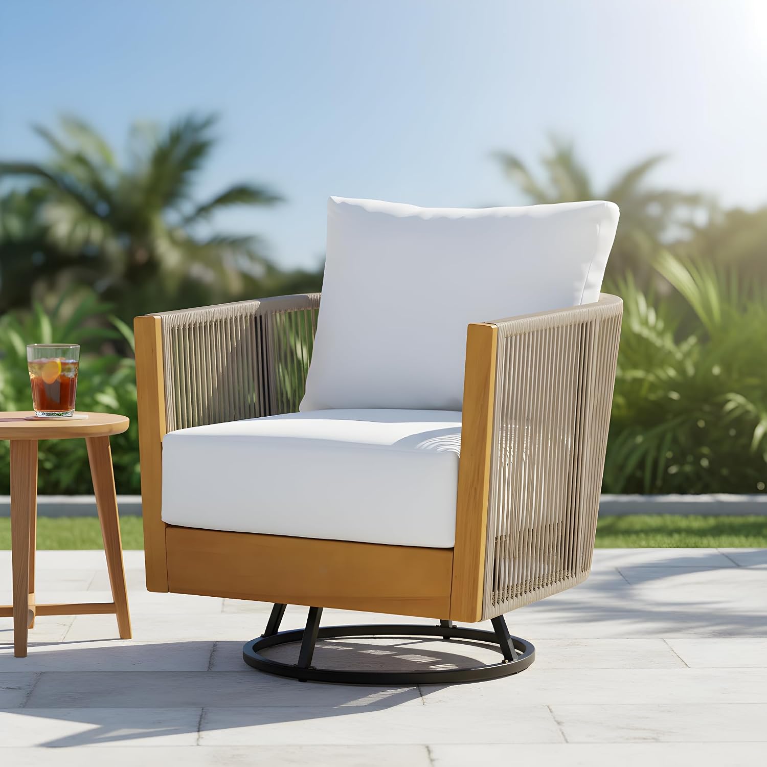 Garden Swivel Chair, Natural Acacia Wood with Handwoven Rope Design, Beige