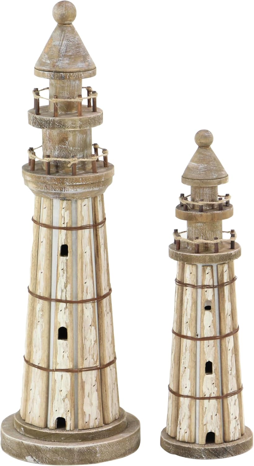 Deco 79 Wood Light House Decorative Sculpture Home Decor Statues, Set of 2 Accent Figurines 20", 14"H, Brown