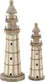Deco 79 Wood Light House Decorative Sculpture Home Decor Statues, Set of 2 Accent Figurines 20", 14"H, Brown