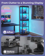 AODK Display Cabinet with Glass Doors, Glass Display Case with RGB LED Light, Corner Display Shelf for Collectibles, Black Curio Cabinet for Showcase, Bookcase
