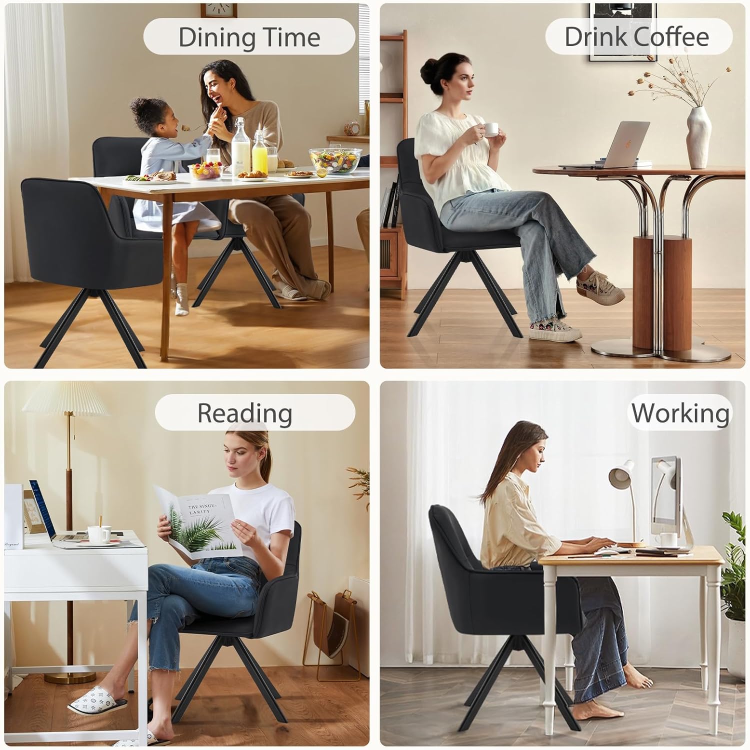 Furniliving Modern Swivel Dining Chairs Set of 2, Upholstered Dining Room Chairs with Thicken Cushion, 360°Swivel Dining Chairs with Metal Legs for Dining Room, Kitchen, Bedroom, PU, Black