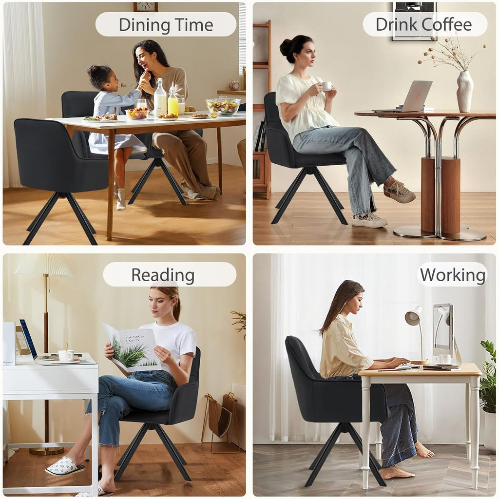 Furniliving Modern Swivel Dining Chairs Set of 2, Upholstered Dining Room Chairs with Thicken Cushion, 360°Swivel Dining Chairs with Metal Legs for Dining Room, Kitchen, Bedroom, PU, Black