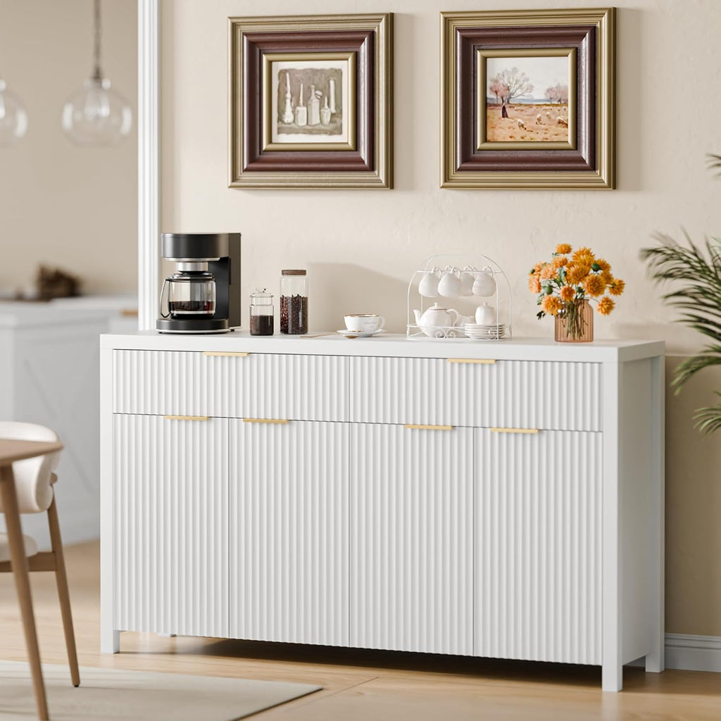 Lulive Fluted Storage Cabinet with Drawers Buffet Sideboard Cabinet with Adjustable Shelves for Kitchen Living Room, Kitchen, Entryway (White, 13.8" D x 55.09" W x 32.8" H)