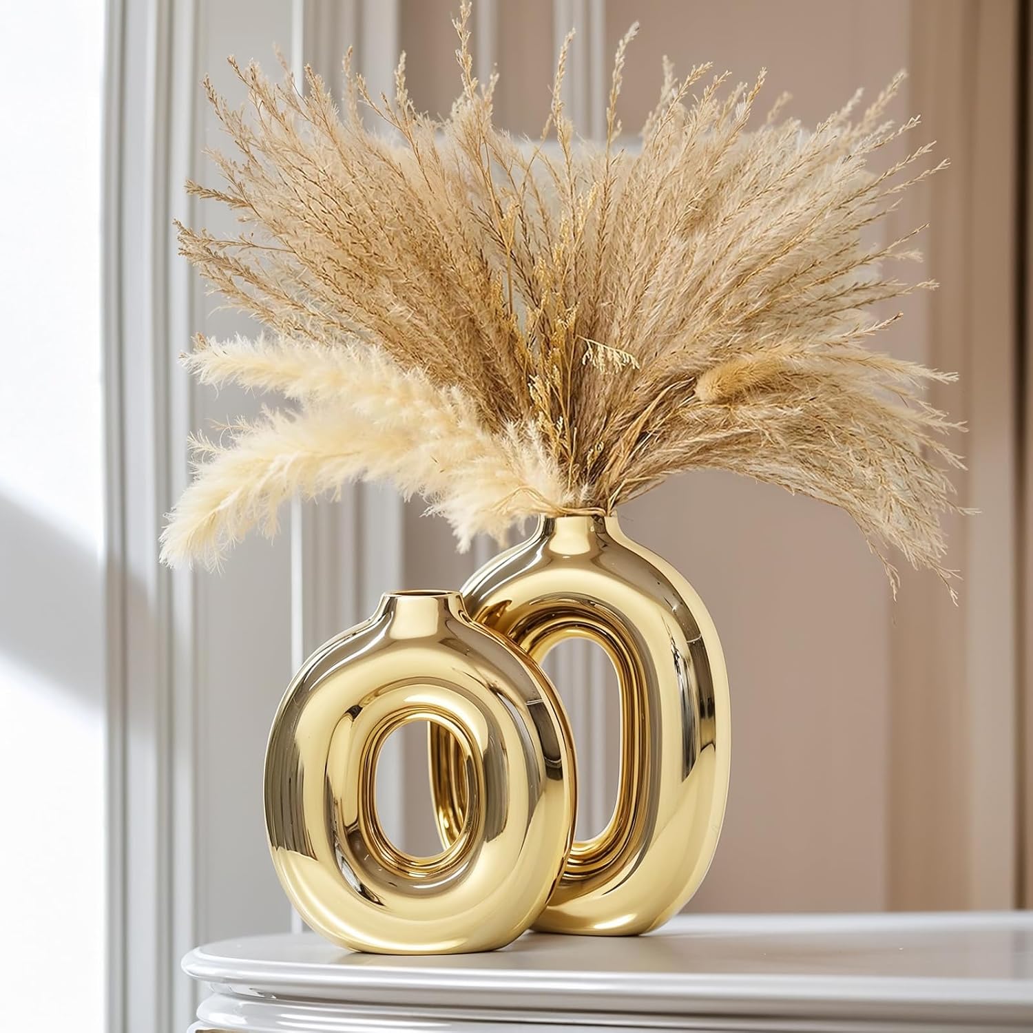 Gold Ceramic Vase Set Home Decor,Round Donut Vase for Pampas Grass for Shelf Decor Home,Nordic Modern Oval Vase for Bookshelf,FireplaceMantle,Centerpieces,Farmhouse,Rustic Décor