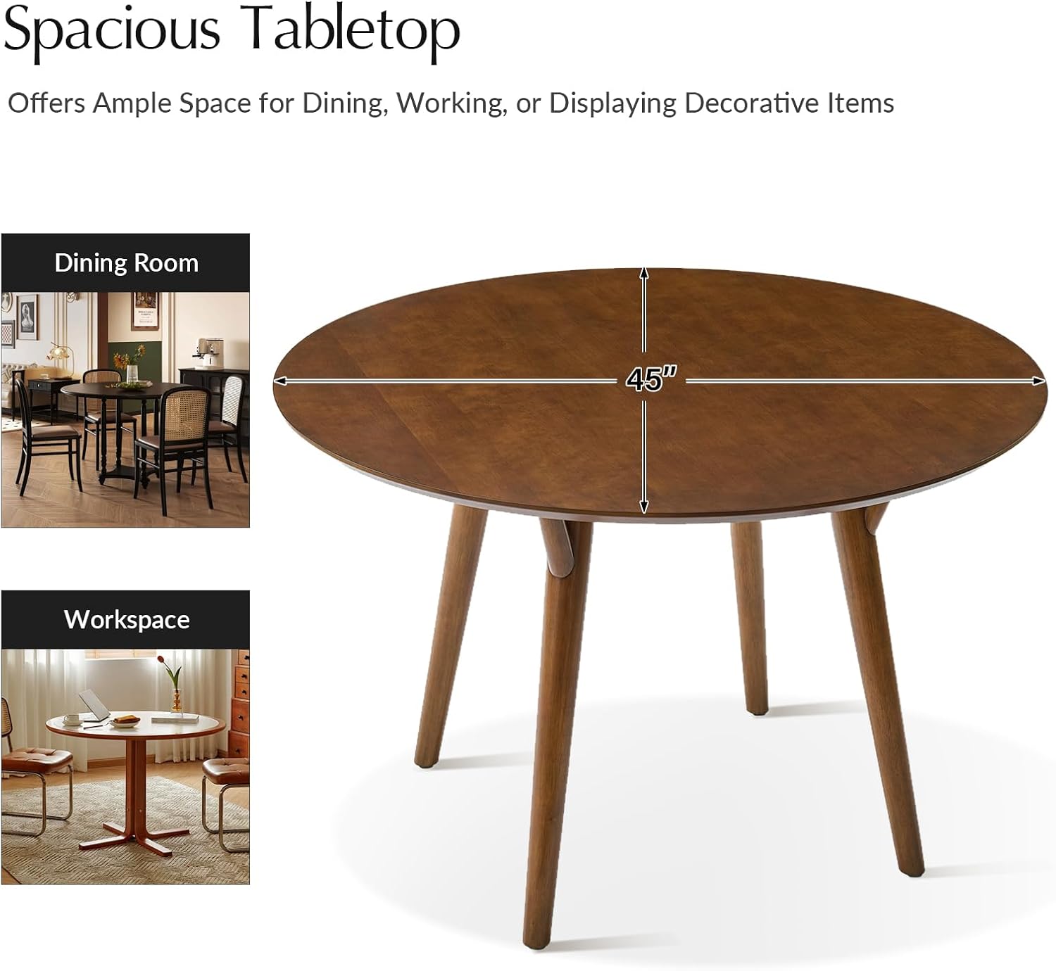 HULALA HOME Round Dining Table for 4, 45” Solid Wood Kitchen Table, Small Dinner Coffee Writing Table for Kitchen Dining Room, Save Space, Walnut