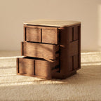 Hearth End Table with Travertine Top Oak Wood Nightstand with 3 Drawer Bedside Table Modern Wood Side Table with Storage White Oak Finish Brown Sofa Side Table for Living Room, Bedroom