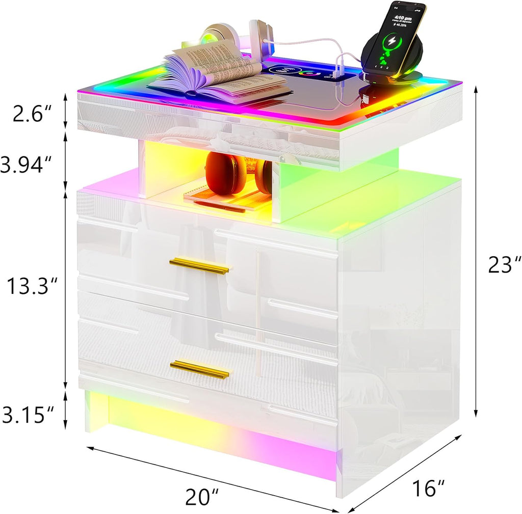 HNEBC Night Stand Set 2 with Wireless Charging Station& Remote Lights,White | LED Nightstand with Tempered Glass Top, RGB Dynamic motion sensor Lighting, Higt-Gloss, 2 Drawers for Bedroom,Living Room