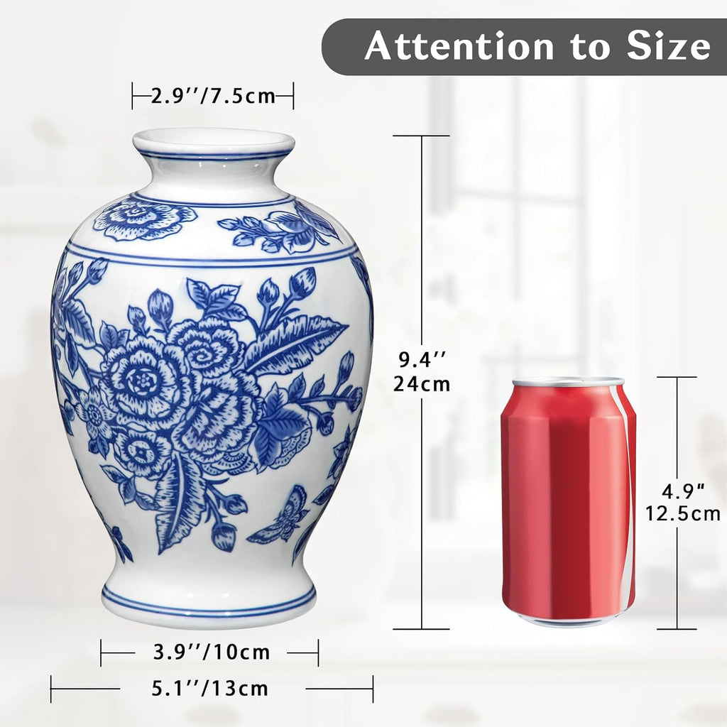 Blue and White Vase, Ceramic Vase for Home Decor 9.4" Chinoiserie Vases for Flowers Blue and White Porcelain Flower Vases for Living Room, Bathroom, Dinner Table Centerpieces