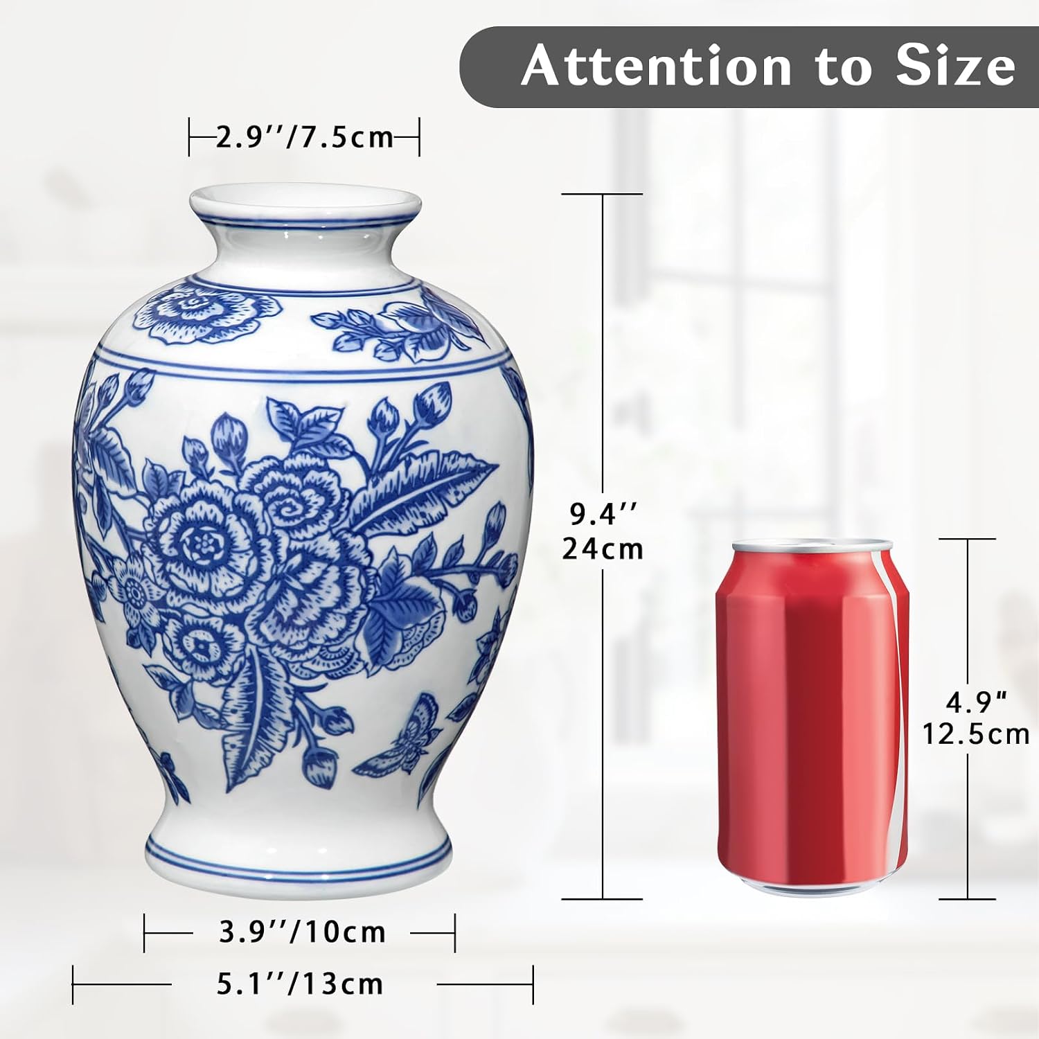 Blue and White Vase, Ceramic Vase for Home Decor 9.4" Chinoiserie Vases for Flowers Blue and White Porcelain Flower Vases for Living Room, Bathroom, Dinner Table Centerpieces