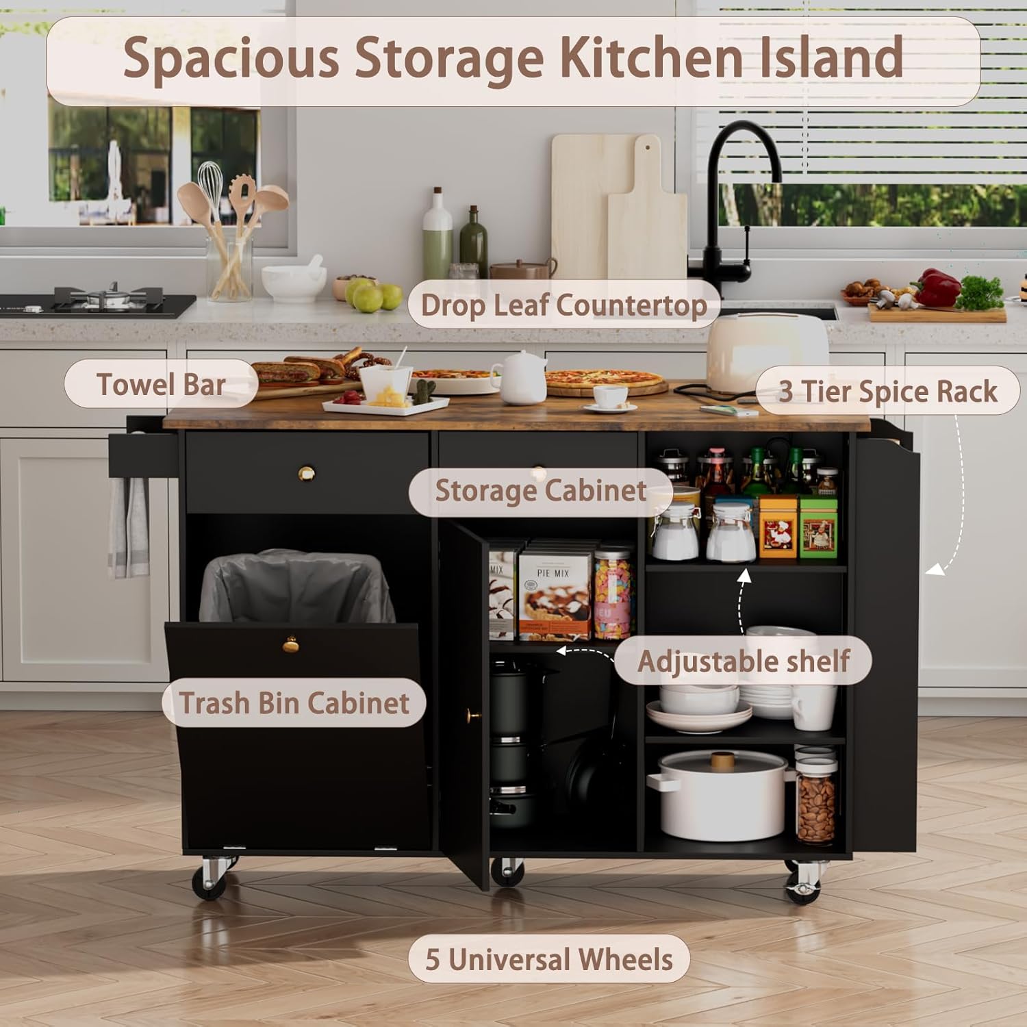 60" Kitchen Island with Folding Drop Leaf & Power Outlet-Rolling Kitchen Island with Spice Rack,Towel Rack, 2 Drawers-Island Table for Kitchen with Trash Storage Cabinet,Black