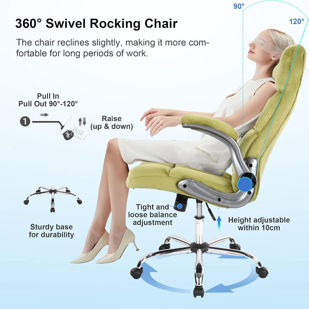 Comfy Green Office Chair with Flip up Arms for Women, Height Adjustable Fabric Swivel Rocking Chair, Velvet Office Desk Chairs Makeup Vanity Chair with Back and Wheels