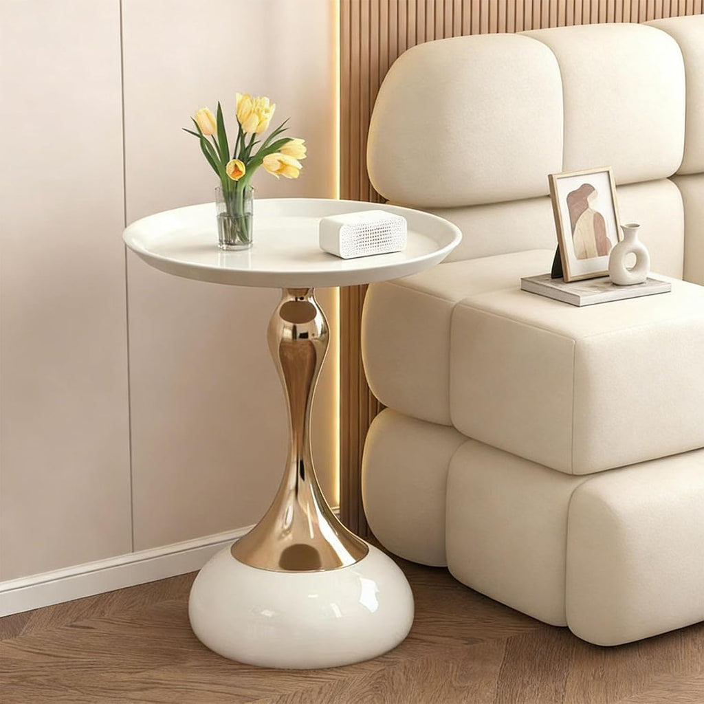 Elegant Modern Side Table Unique Hourglass Design Ideal for Living Rooms, Cafes, Dining Rooms, Bedrooms, and Outdoors Corner Round End Table (1 Set, White)
