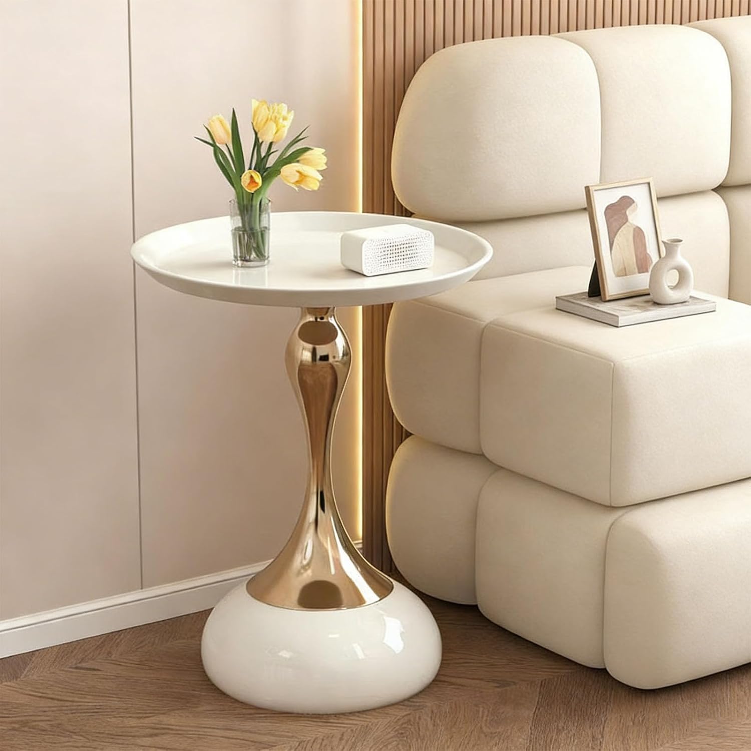 Elegant Modern Side Table Unique Hourglass Design Ideal for Living Rooms, Cafes, Dining Rooms, Bedrooms, and Outdoors Corner Round End Table (1 Set, White)