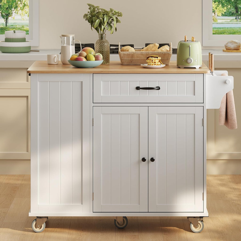Ahomly Kitchen Island with Storage, 44.49" Kitchen Island with Trash Can Storage, Drop Leaf Rubberwood Top, Knife Holder, Adjustable Shelf, Towel Bar, Drawer, Spice Rack, White