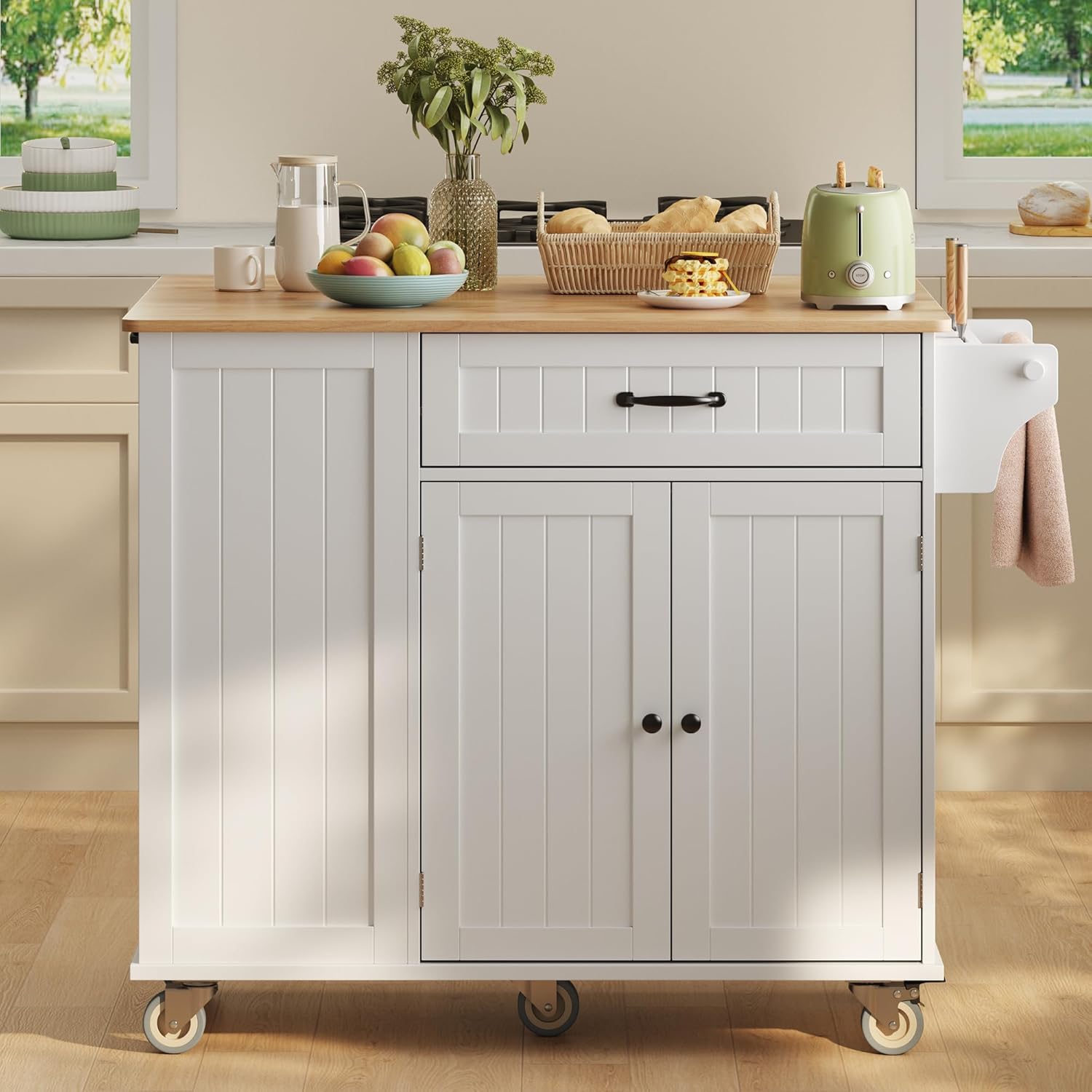 Ahomly Kitchen Island with Storage, 44.49" Kitchen Island with Trash Can Storage, Drop Leaf Rubberwood Top, Knife Holder, Adjustable Shelf, Towel Bar, Drawer, Spice Rack, White