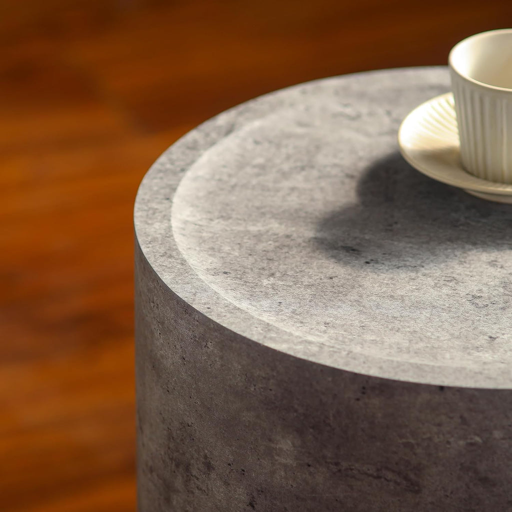 Round End Table with Mars Pattern for Living Room, Modern Drum Circle Side Table for Small Space, Nightstand Sofa Table for Bedroom, No Need Assembly, Stone Grey
