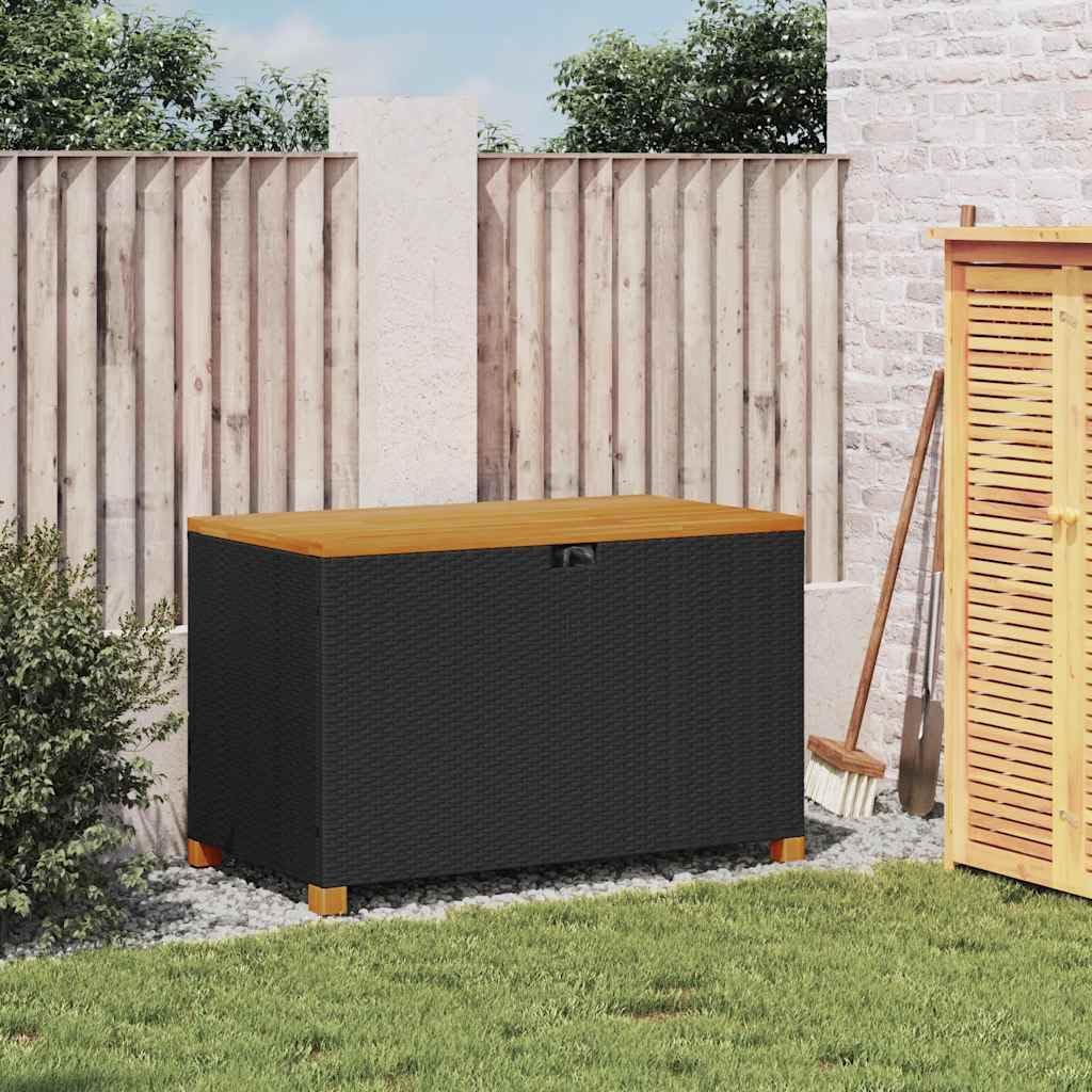 Patio Storage Box Outdoor Black Resin Wicker Bench with Acacia Wood Lid 43.3"x21.7"x24.8" Weather Resistant Cushion Container Chest for Garden Backyard Deck Porch