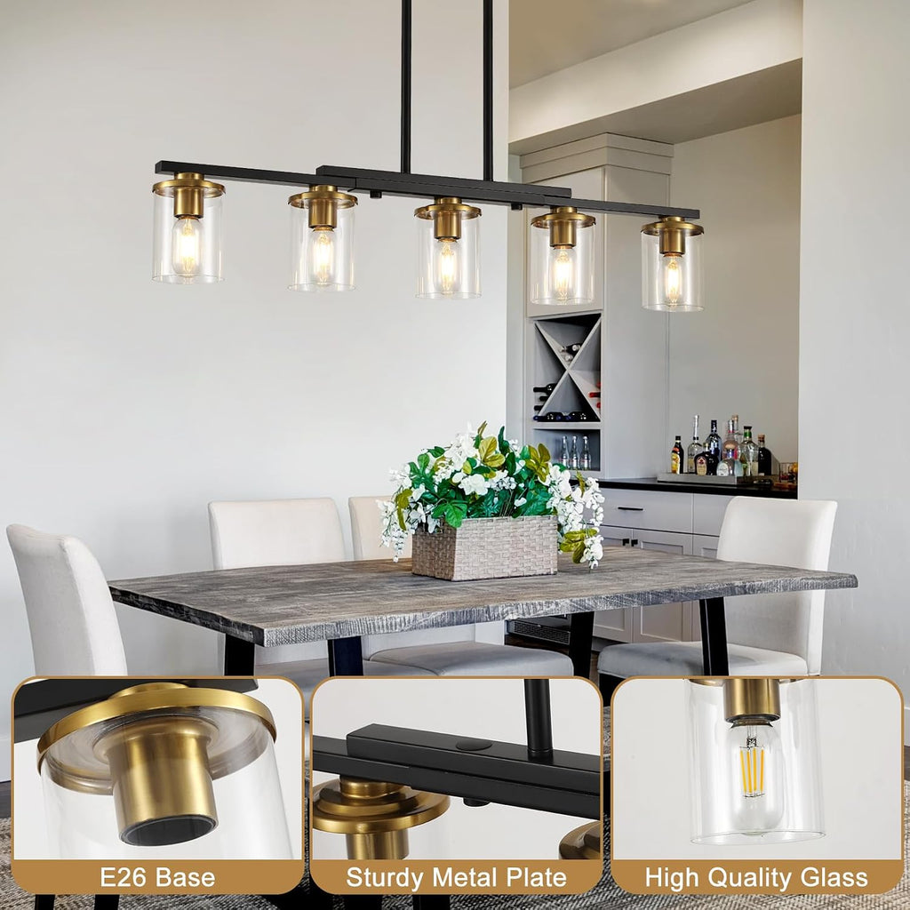 36.2inch 5-Light Kitchen Island Lighting,Dining Room Lights Modern Farmhouse Chandelier with Clear Glass Shade,Modern Rustic Black and Gold Metal Chandelier, Kitchen Pendant Light Fixtures