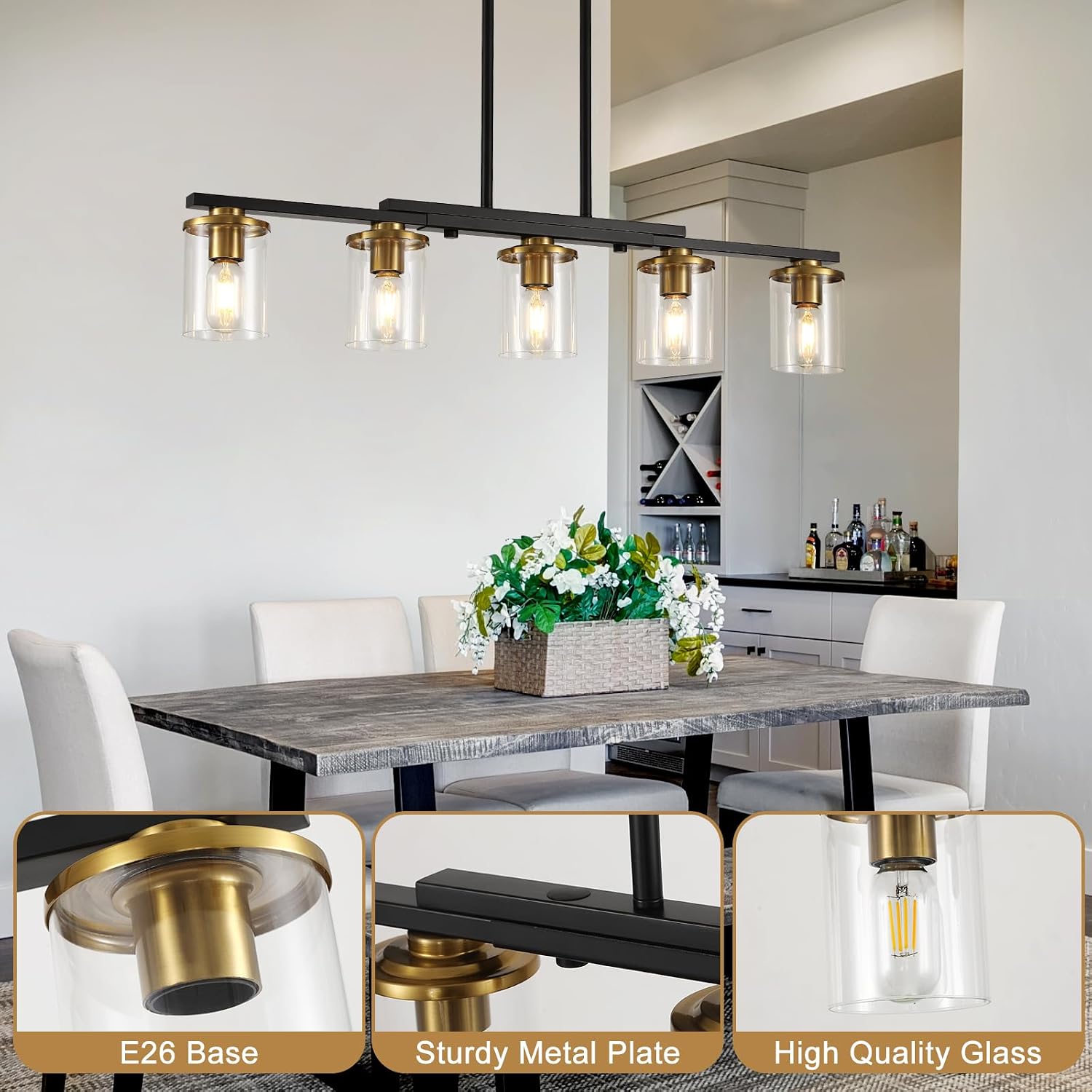 36.2inch 5-Light Kitchen Island Lighting,Dining Room Lights Modern Farmhouse Chandelier with Clear Glass Shade,Modern Rustic Black and Gold Metal Chandelier, Kitchen Pendant Light Fixtures