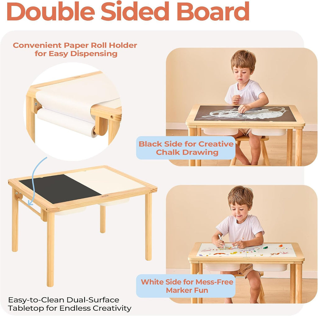 Bateso Sand and Water Table for Toddlers with 2 Storage Bins, Wooden Activity Table with Double-Sided Boards, Sensory Table, Indoor & Outdoor Use