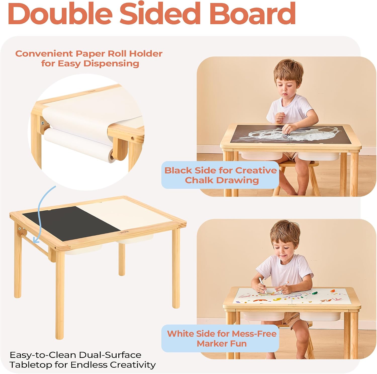 Bateso Sand and Water Table for Toddlers with 2 Storage Bins, Wooden Activity Table with Double-Sided Boards, Sensory Table, Indoor & Outdoor Use