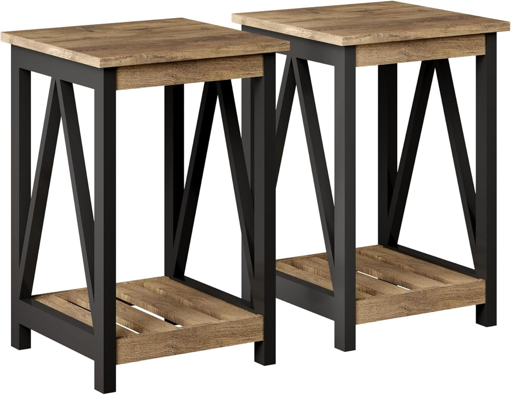 ChooChoo Farmhouse End Table, Rustic Vintage End Side Table with Storage Shelf for Small Spaces, Nightstand Sofa Table for Living Room, Bedroom,Rustic Oak & Black 2 Pack