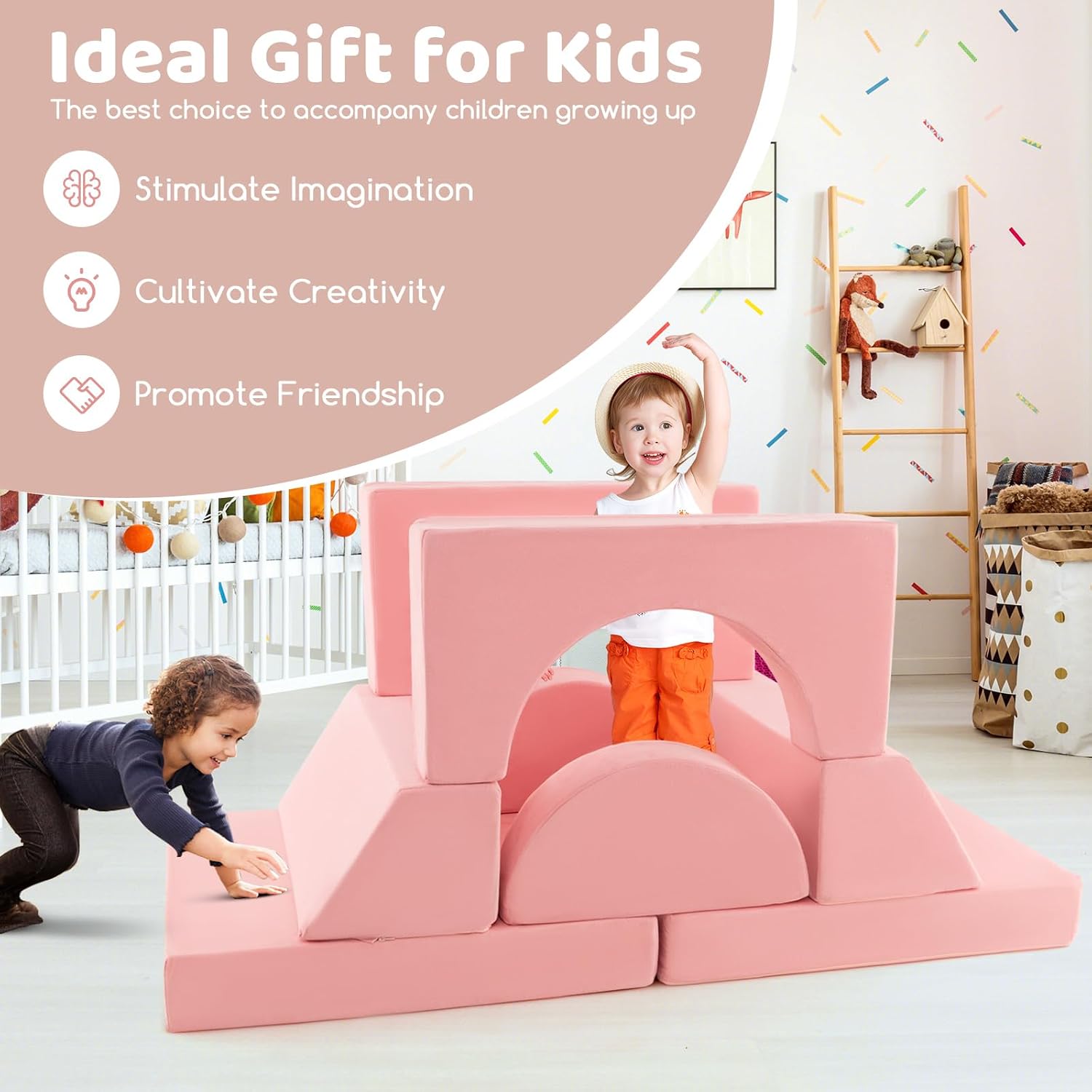 Costzon Convertible Toddler Couch, 8PCS Kids Modular Play Sofa w/Detachable Cover for Playroom, Creative Couch for Playing, Creating & Sleeping, Imaginative Furniture for Girls & Boys (Pink)