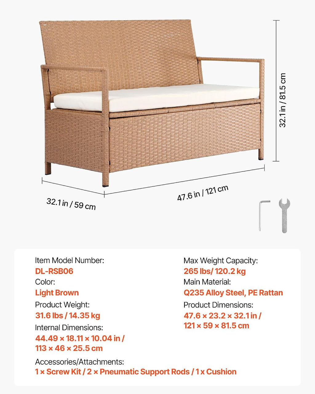 VEVOR Outdoor Storage Bench, 2-Person PE Rattan Storage Bench, 70 Gal Deck Box with Cushion, Supports up to 265 lbs, Outdoor Seating & Porch Decor for Patio Garden Balcony Yard