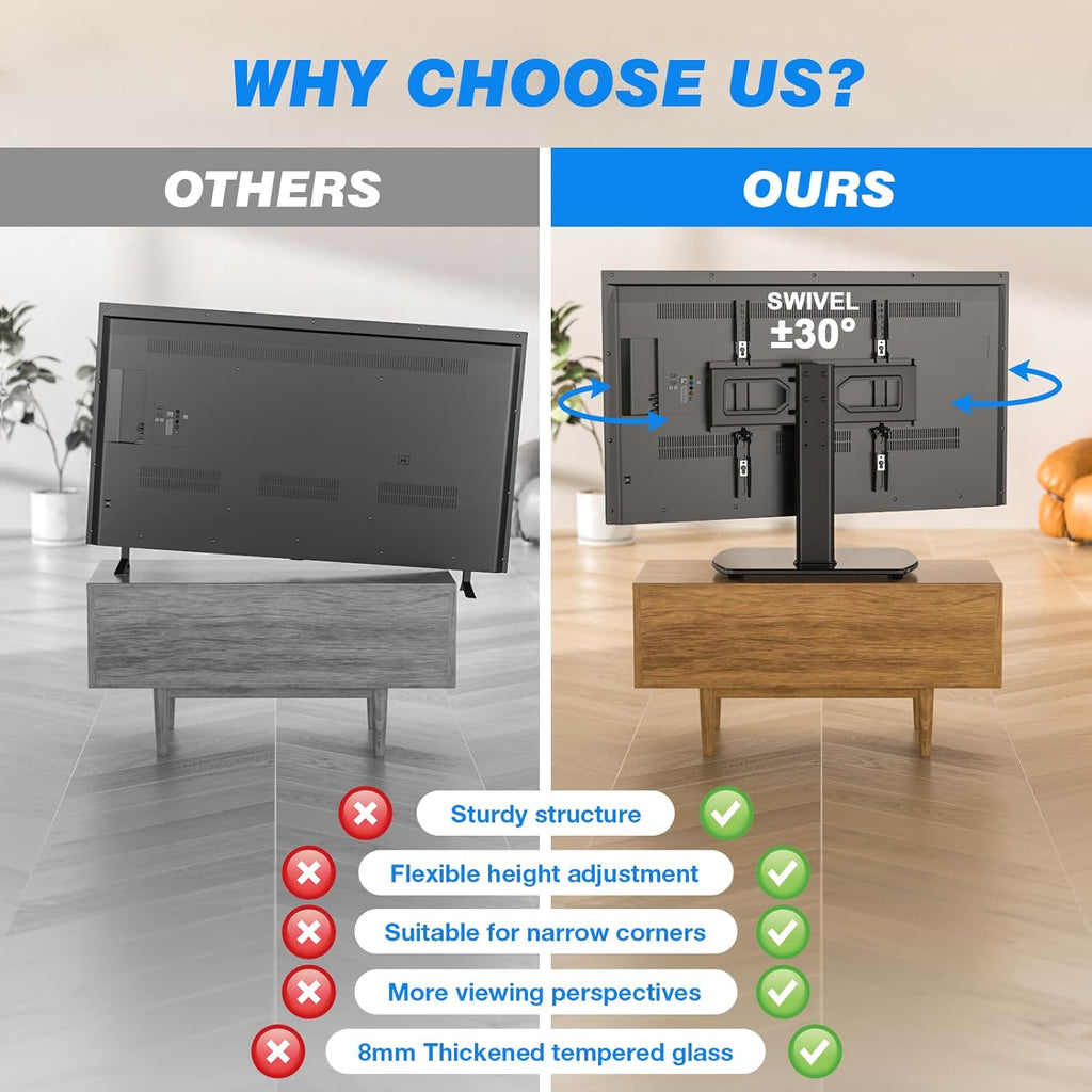 Rfiver Universal Swivel TV Stand for 27-50 55 60 Inch TVs, Height Adjustable Table Top TV Stand Mount Hold up to 88 lbs, Pedestal TV Stands with Tempered Glass Base, Replacement TV Mount Stand