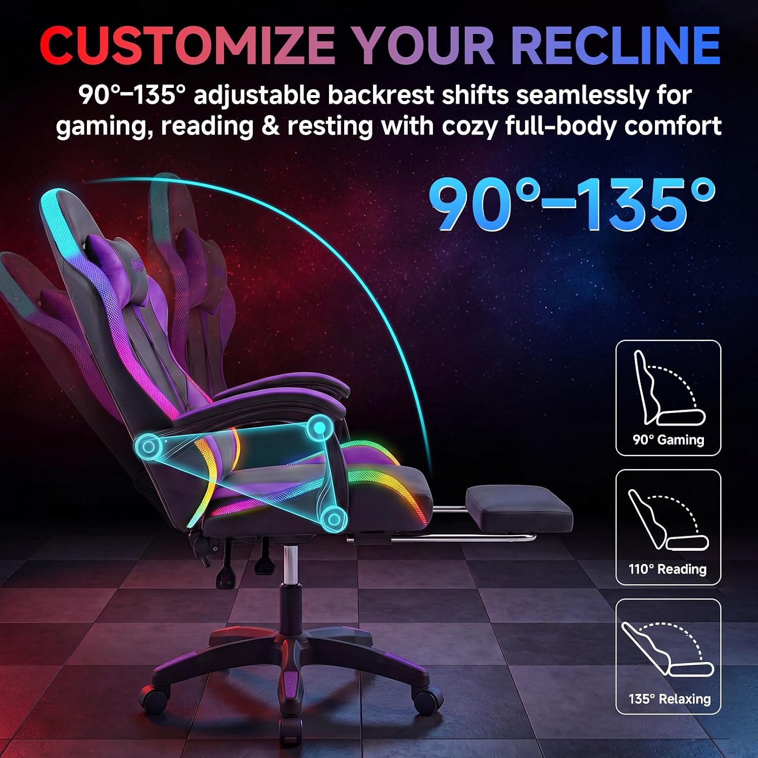 Gaming Chair with RGB LED Lights, Ergonomic Video Game Chair with Footrest, High Back PC Chair, Lumbar Support and Headrest, Reclining Gamer Chair for Adults, 380 lbs Capacity (Purple)