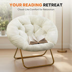 DUMOS Saucer Chair, Cozy Faux Fur Folding Chair with Sturdy Metal Frame, Oversized Soft Plush Round Lounge for Bedroom Living Room Dorm, Anti-Slip Portable Moon Seat, White