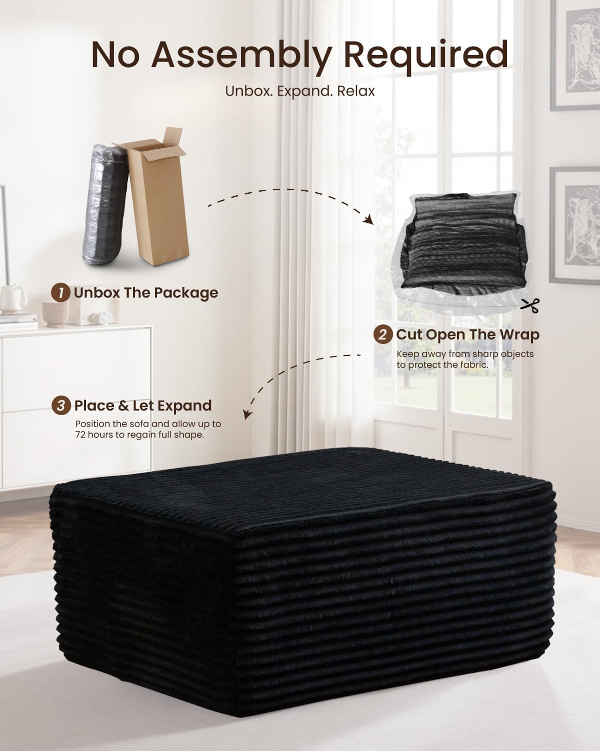 37" Plush Boneless Ottoman, Upholstered Cloud Footrest for Boneless Couch in a Box,Oversize Poufs for Living Room & Bedroom Sofa Ottoman,Comfy Seating with Dense Foam, Black (Plush Corduroy Fabric)