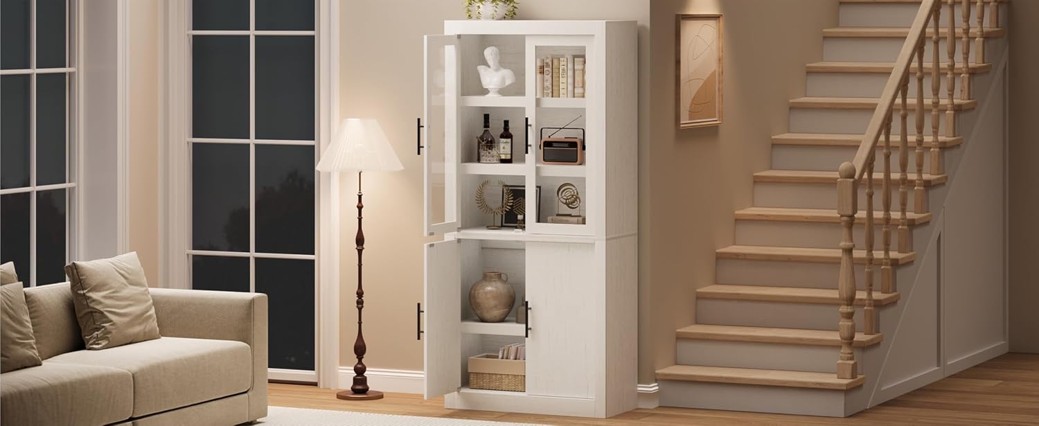 Tall Farmhouse Kitchen Pantry Cabinet, Wood Cabinet with 4 Doors & Adjustable Shelves, Sturdy Frame, Anti-Tip Design, Bookcase for Kitchen/Dining/Office, 70.45 Inches, Rustic White-Glass