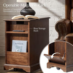 HULALA HOME Narrow End Table with Tray for Cups, Movable with Casters, Wood Traditional Bedside Table, Nightstand with Charging, Walnut