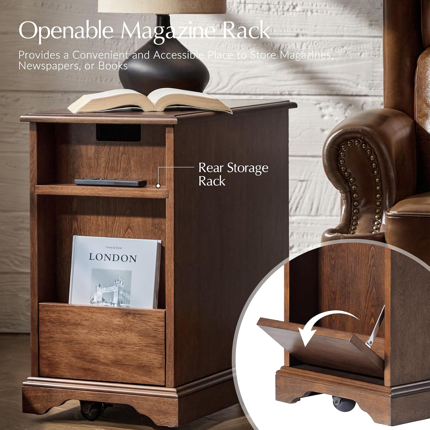 HULALA HOME Narrow End Table with Tray for Cups, Movable with Casters, Wood Traditional Bedside Table, Nightstand with Charging, Walnut