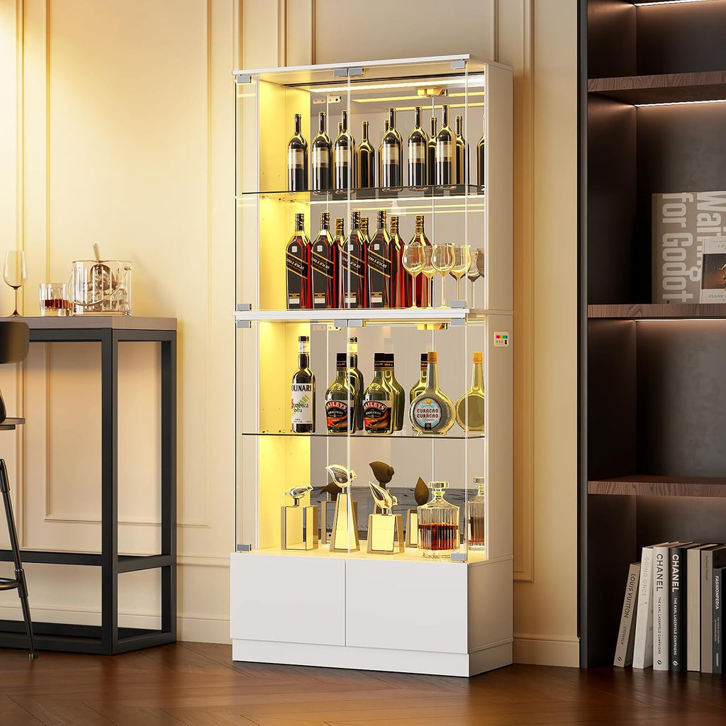 VersionTECH. Display Cabinet with Glass Doors, 4-Tier Curio Cabinet with RGB Lights for Collectibles, Display Case with 2 Drawers, Adjustable Glass Shelves, Human Body Sensor, Mirror Backing, White