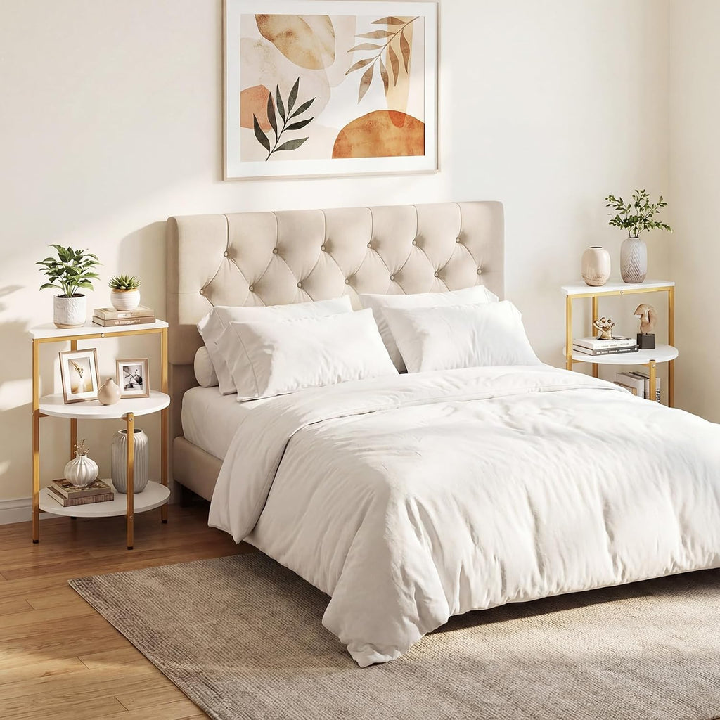 Giantex 3-Tier Round Side Table Set of 2, Wood Bedside Sofa End Table with Storage Shelves & Metal Frame, Modern Slim Night Stand for Bedroom Living Room Entryway Small Spaces, White & Gold