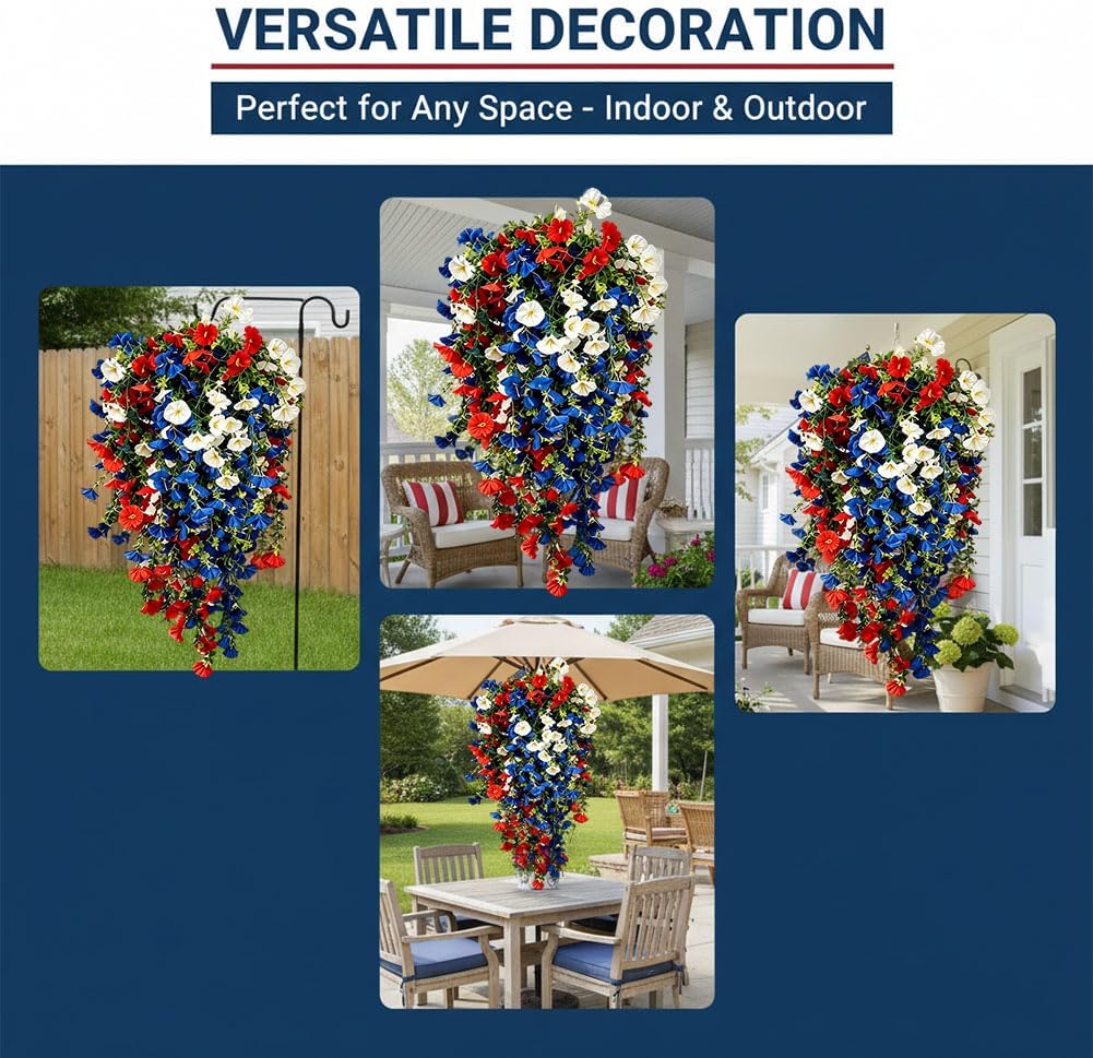 Red White and Blue Flowers Artificial Flowers Outdoor, 4th of July Decoration Tricolor Patriotic Artificial Flower Hanging Porch Decor, Patriotic Artificial Flowers for Independence Day Decor (2pcs)