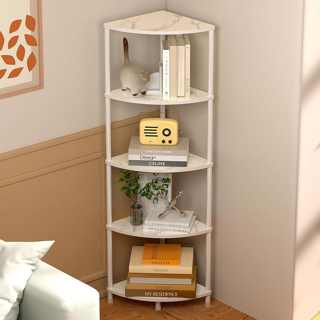 5 Tier Corner Shelf Stand, 44.1" Kitchen Shelf Organizer with Metal Frame, Small Corner Shelf for Bathroom Organization & Storage, Marble White Corner Shelf for Kitchen Decor Accessories