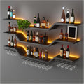 31.5"Modern LED Wine Rack Wall Mounted,3-Tier Floating Bar Shelves | Large Hanging Liquor Shelf Wall Mounted with Wine Glass Rack,DIY Modular WaveDesign,Black Metal for Home Bar Dining Room Cafe