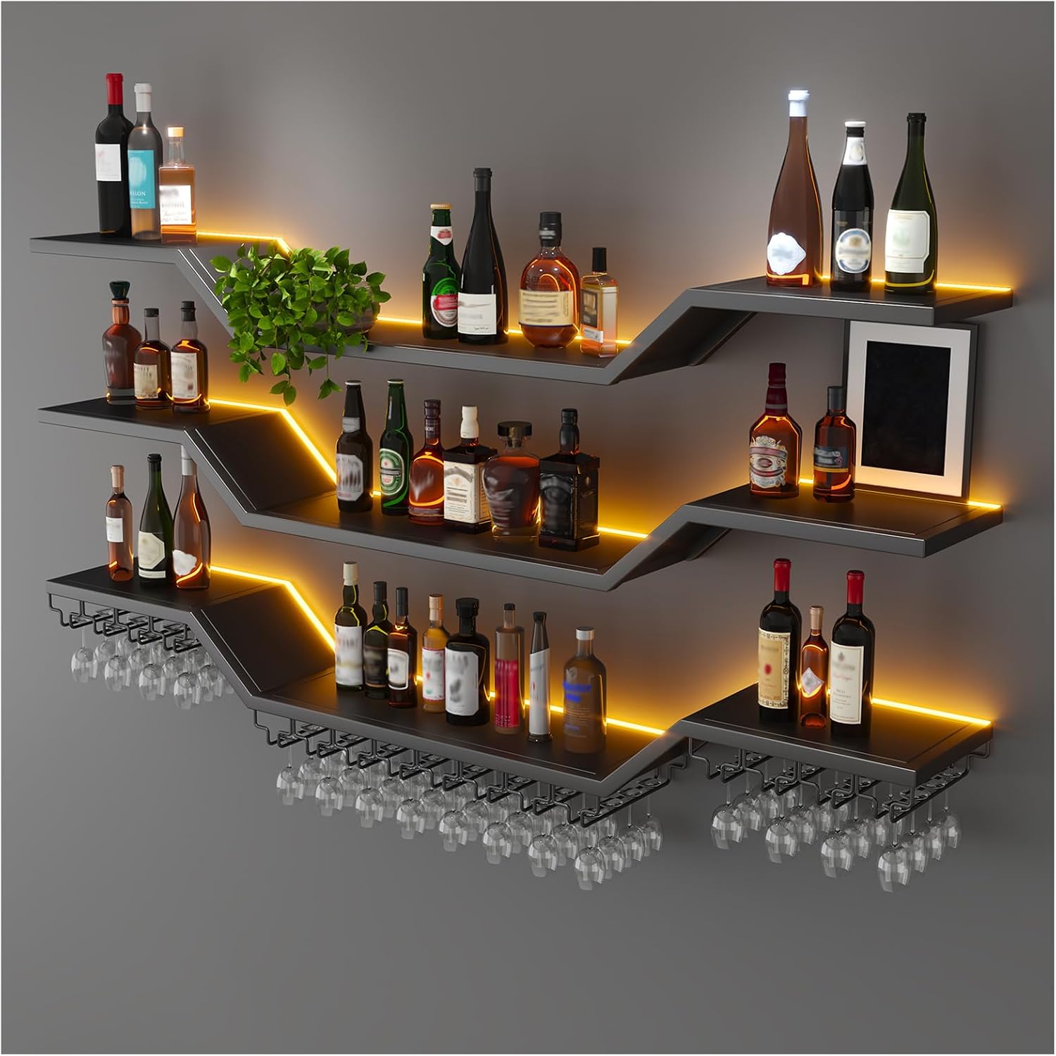 31.5"Modern LED Wine Rack Wall Mounted,3-Tier Floating Bar Shelves | Large Hanging Liquor Shelf Wall Mounted with Wine Glass Rack,DIY Modular WaveDesign,Black Metal for Home Bar Dining Room Cafe