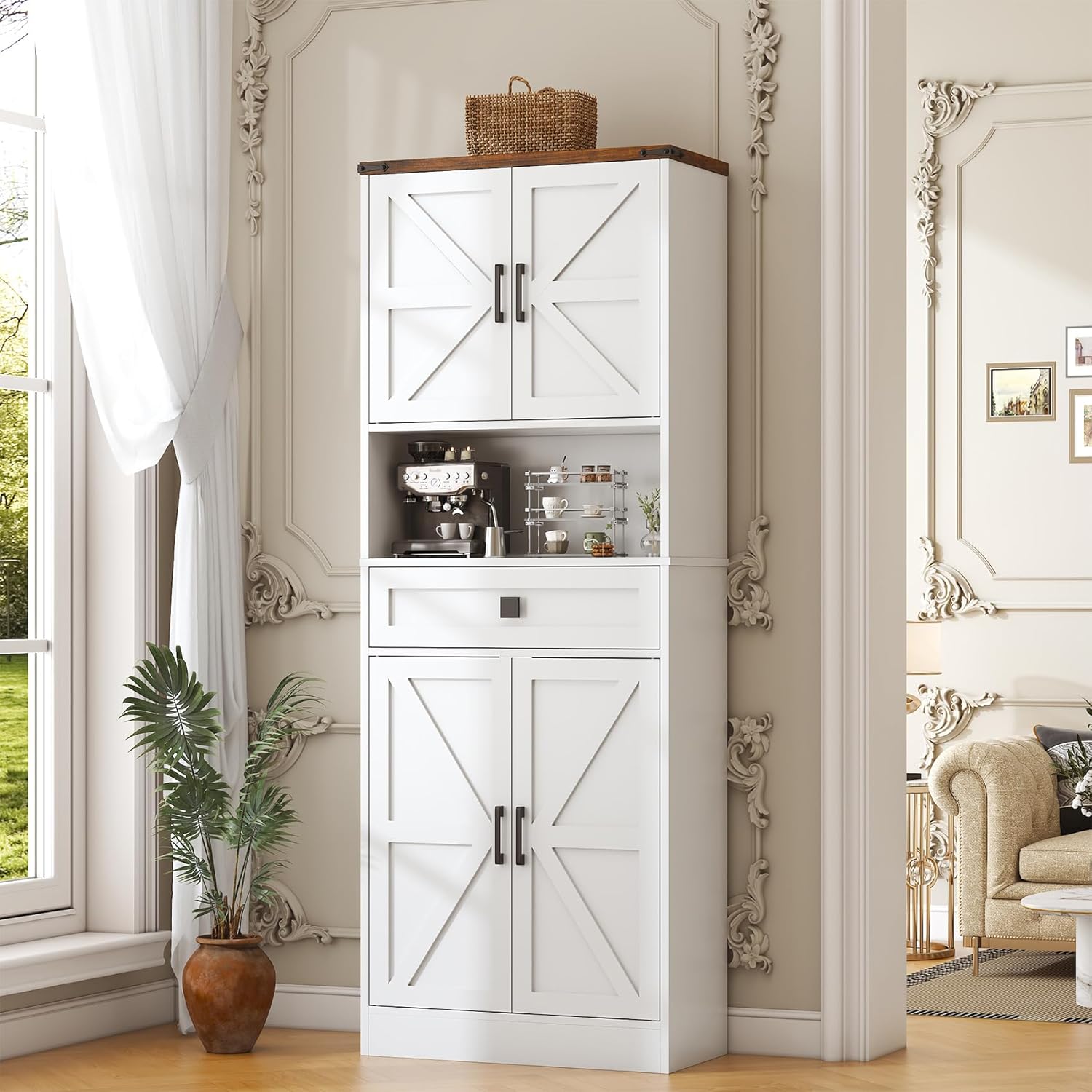 67" Tall Farmhouse Pantry Cabinet with Drawer,Small Storage Cabinet for Kitchen Bathroom Dining Room Kitchen (White, 11.8" D x 23.6" W x 67" H)
