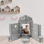 Kids Couch Sofa 12 Pcs Modular Star Glow in The Dark, Convertible Fold Out Foam Couch for Boys and Girls, Playroom Bedroom Furniture, Grey
