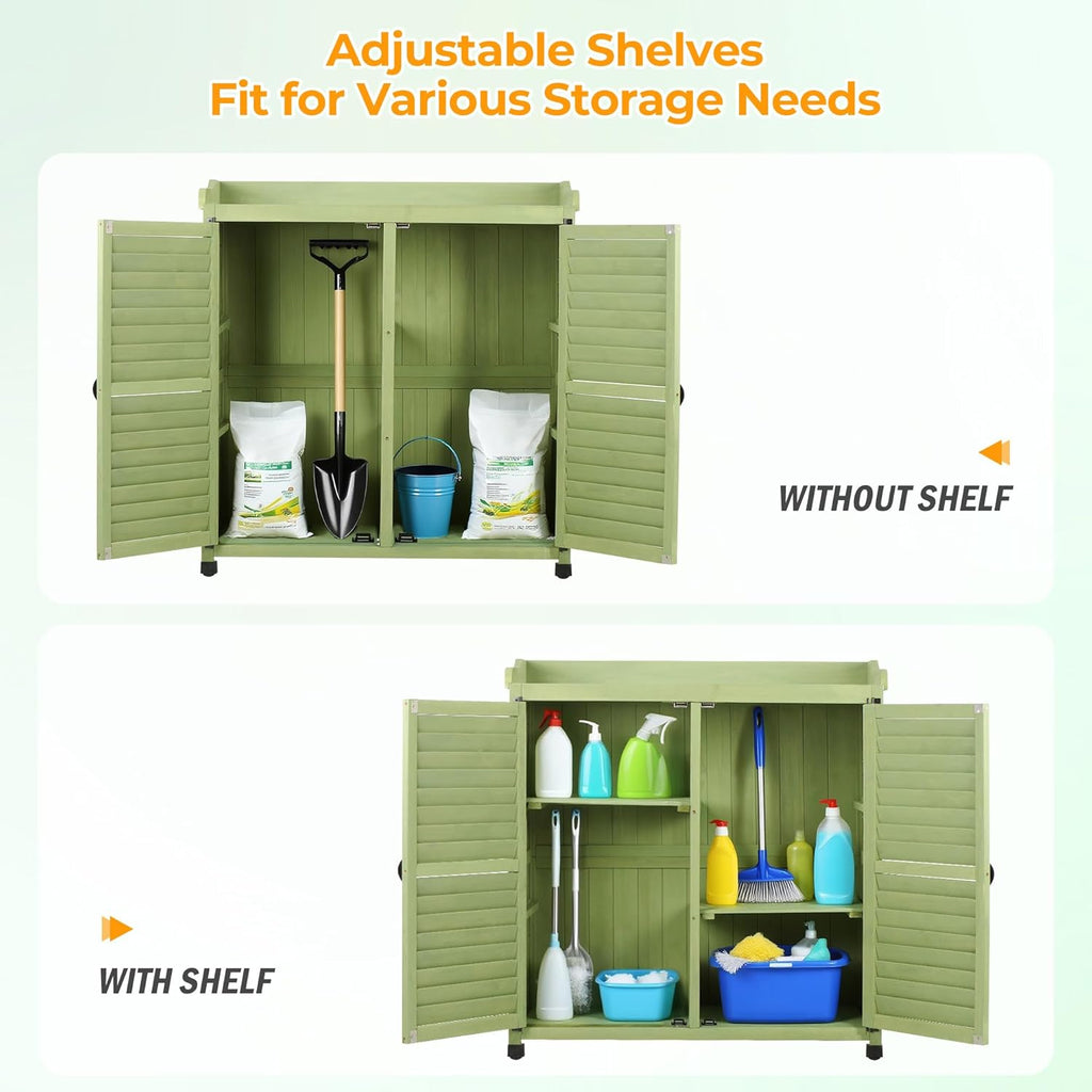 Outdoor Garden Storage Cabinet with Potting Bench, Wood Cabinet with Metal Top, Planting Workstation Table for Patio, Backyard and Garden Tools (Green)